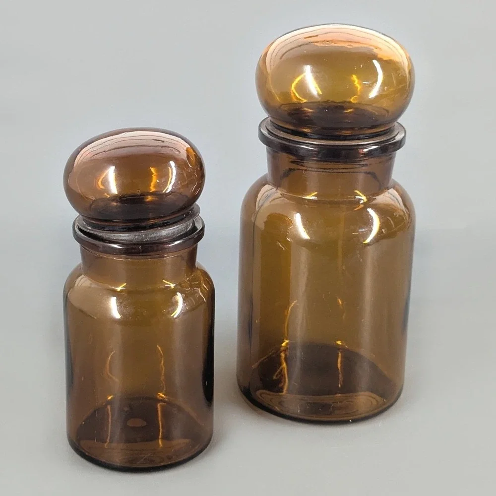 Vintage Amber Glass Apothecary Jar Set Bubble Top Stopper Mid Century Modern